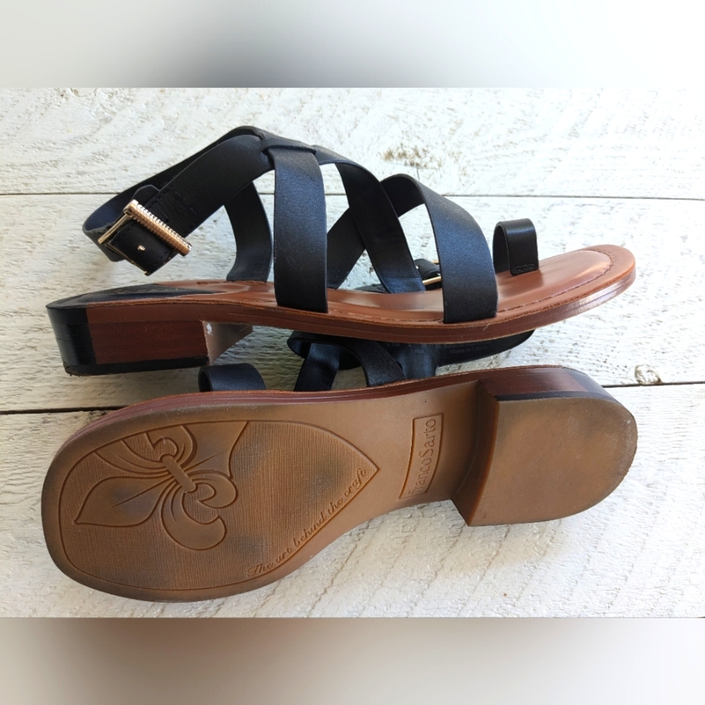Franco Sarto Ina Black Strappy Leather Sandals with Brown Footbed 8.5 - Picture 10 of 14